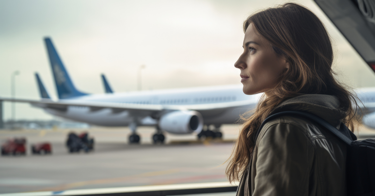 Jovem mulher branca de perfil, num saguão de aeroporto, olhando contemplativamente, tendo ao fundo, através de um largo vidro, um avião em solo