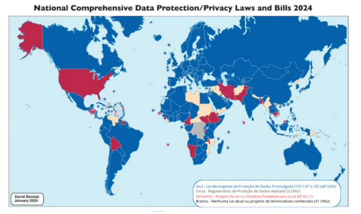 Figura 1 - Leis e projetos de lei nacionais tratam de proteção de dados/privacidade de 2024 (Fonte: Banisar, 2024)