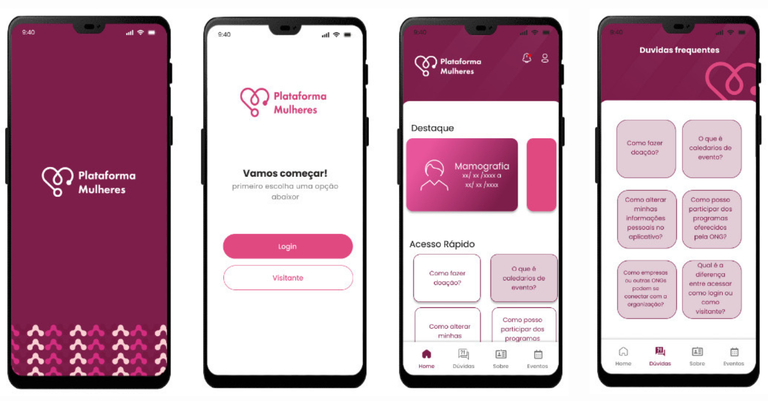 Telas do aplicativo da Plataforma Mulheres